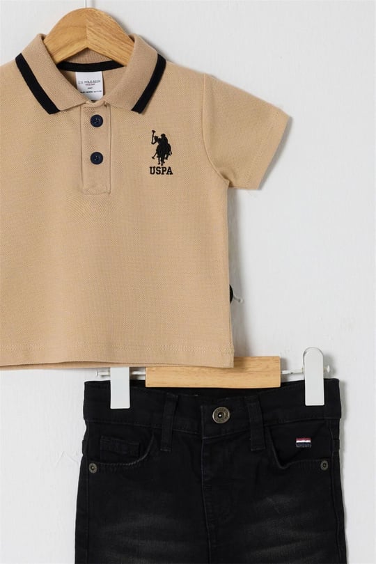 U.S. Polo Assn. Erkek Bebek Tişört Kot Pantolon Takım Bej USB2626