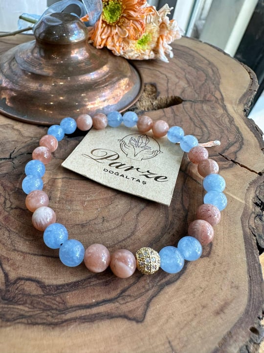 Güneş Taşı ve Aquamarine Bileklik 6 mm