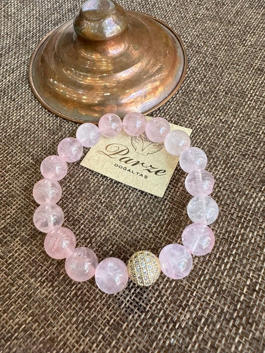Pembe Kuvars 10 mm Küre Kesim Bileklik