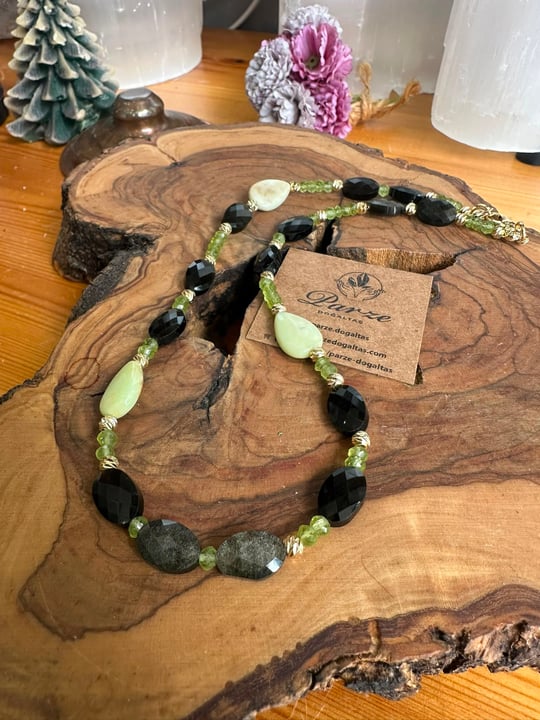 Peridot & Obsidyen ve Peru Turkuaz Tasarım Kolye 