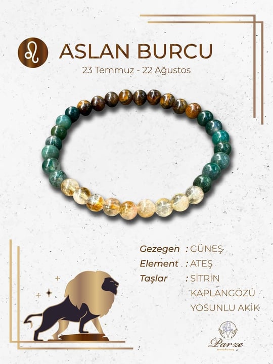 Zodyak Aslan Burcu Doğaltaş Bileklik 6 mm 