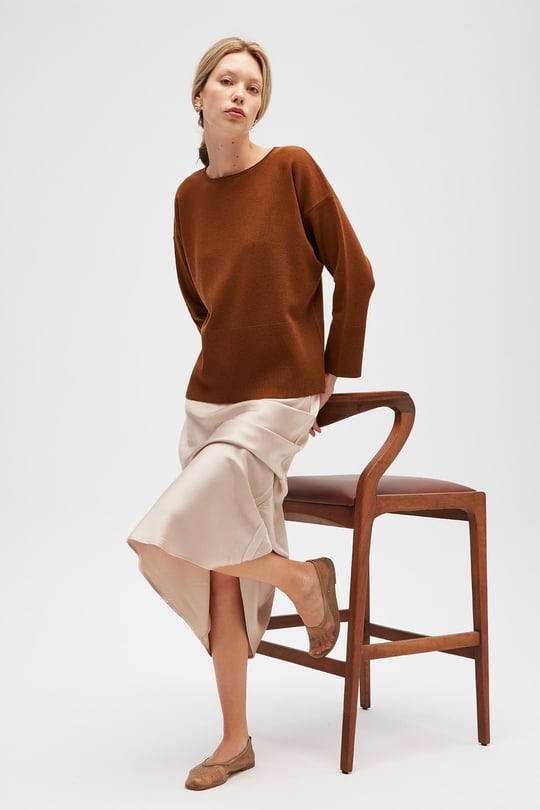 PERALUNA Rio Düz Örgü, Kadın Triko Kazak - Kahverengi