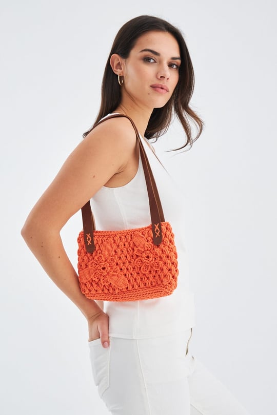 Peraluna AİLA BAG %100 Pamuk Çiçek Desen El Yapımı Kadın Triko Çanta Neon Turuncu