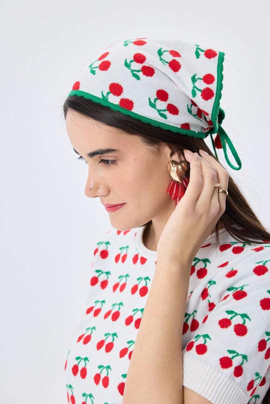 Peraluna Alice's Cherry, Kiraz Desen Organik Pamuk Triko Bandana - EKRU MULTİ