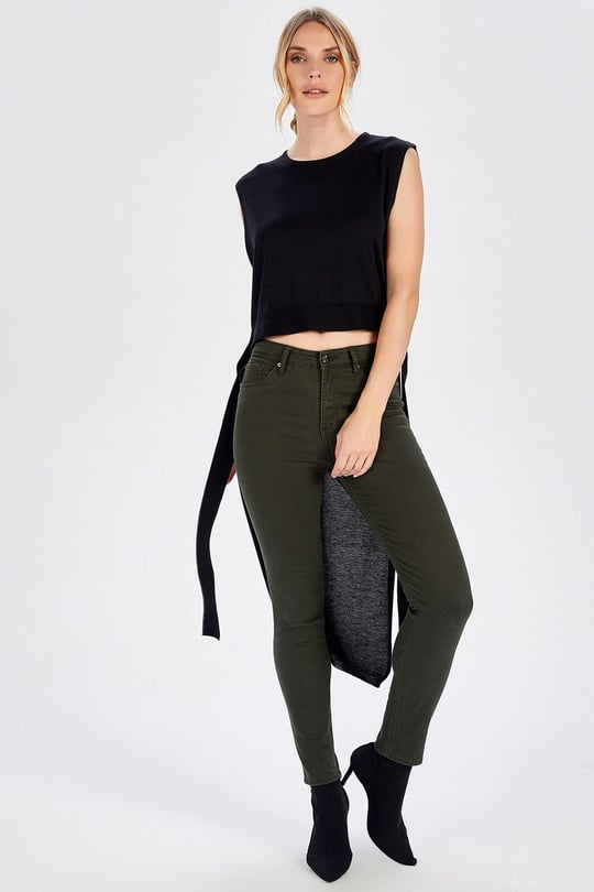 Peraluna Belted Sleeveless Womens Knitwear Long Back Blouse - Black