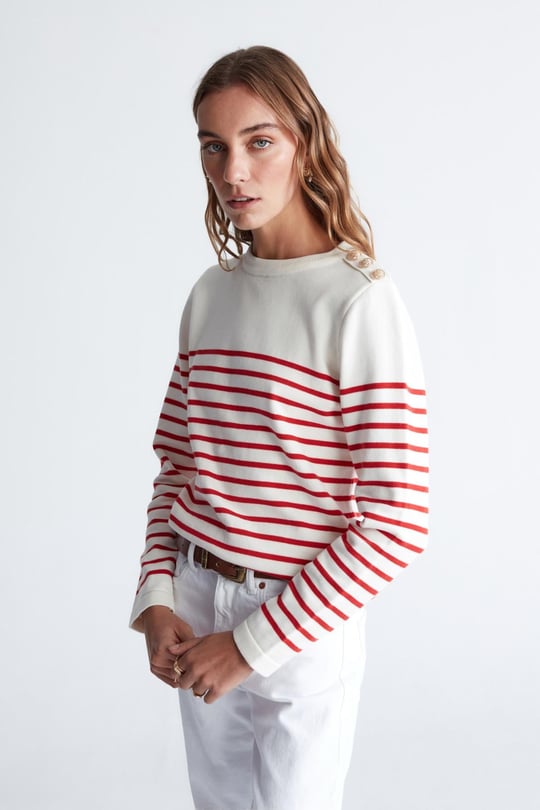 Peraluna AUDREY PULLOVER Omzu Düğmeli Çizgili Organik Pamuk Mevsimlik Kadın Triko Kazak Ekru/Kırmızı