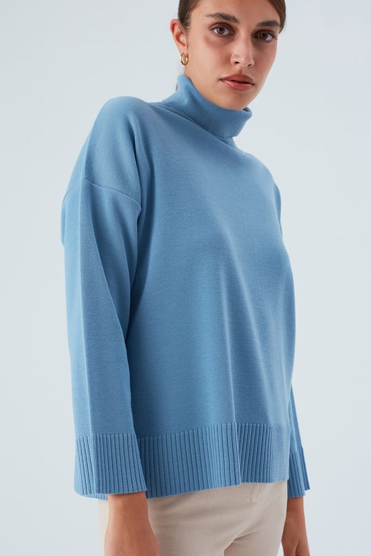 Peraluna Turtleneck Wide Sleeve Womens Knitwear Sweater - Blue