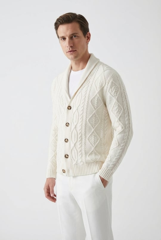 Peraluna BENJAMİN CARDİGAN Troyer Yaka Yumuşak Tuşeli Yünlü Erkek Triko Hırka - Ekru