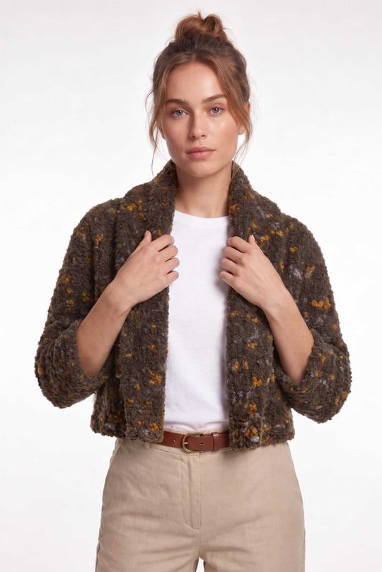 Peraluna Boucle Düz Örgü Kadın Bolero Hırka - Koyu Kahve