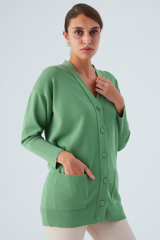 Peraluna V-neck Pocket Womens Knitwear Long Cardigan - Green