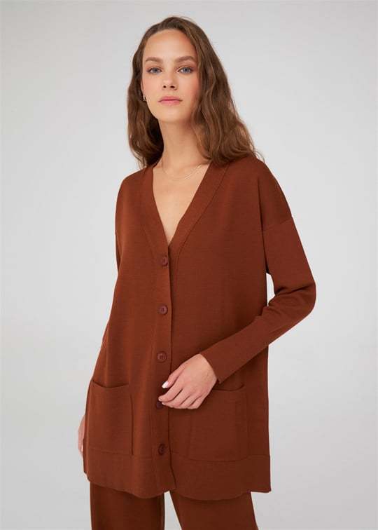 Peraluna V-neck Pocket Womens Knitwear Long Cardigan - Brown