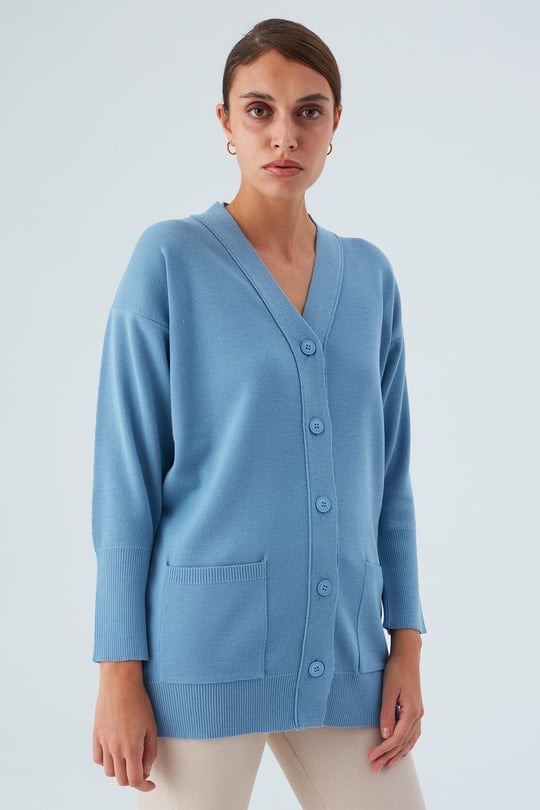 Peraluna V-neck Pocket Womens Knitwear Long Cardigan - Blue