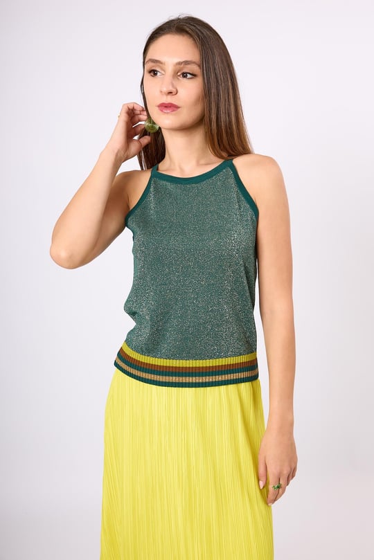 Peraluna Delight Halter Yaka Çizgili Simli Kadın Triko Bluz - Zümrüt Multi