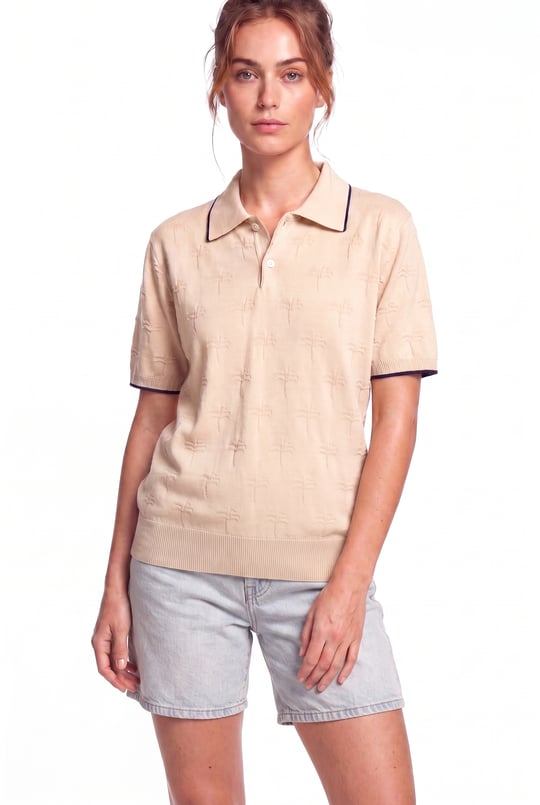 Peraluna Desert Palm Polo, Palmiye Desenli Polo Yaka Triko Tişört - Krem