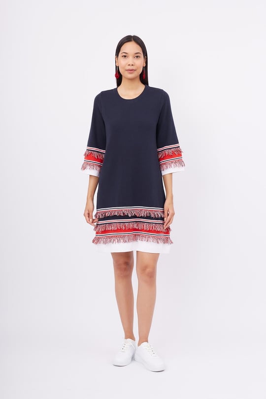 Peraluna HILDA DRESS Püskül Detaylı A Form 3/4 Kol Rahat Kadın Triko Elbise - Lacivert