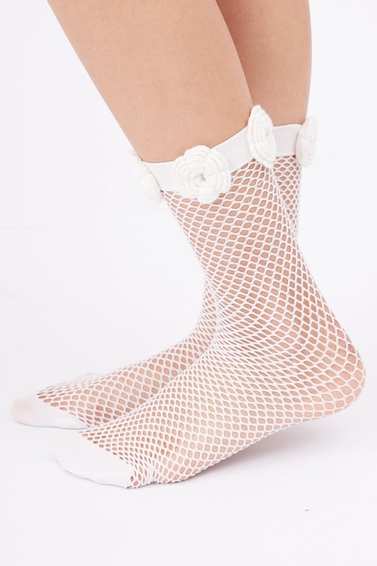 Peraluna ISABEL SOCKS El Yapımı Gül Dekorasyonlu Ajur Kadın Çorap - Ekru