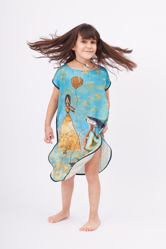Peraluna JOY GIRL DRESS Anne-Kız Çocuk Baskılı Saten Kız Çocuk Elbise - Turkuaz