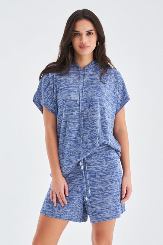Peraluna KAIRA BLOUSE & SHORTS Hooded Dappled Womens Knitwear Shorts Set - Indigo