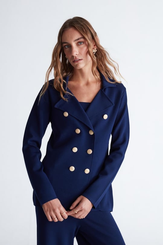 Peraluna KATHERINE BLAZER Çelik Örgü Klasik Kesim Düğmeli Blazer Kadın Triko Ceket Lacivert