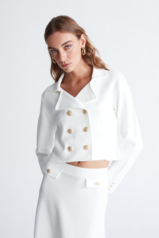 Peraluna Çelik Örgü Crop Kruvaze Blazer Kadın Triko Ceket Ekru