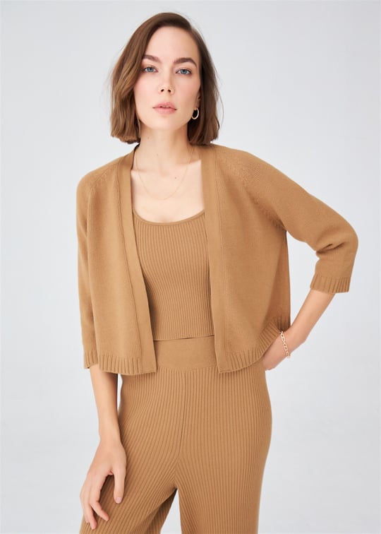 Peraluna Raglan Sleeve Cashmere Blend Short Womens Knitwear Bolero Cardigan - Camel Melange