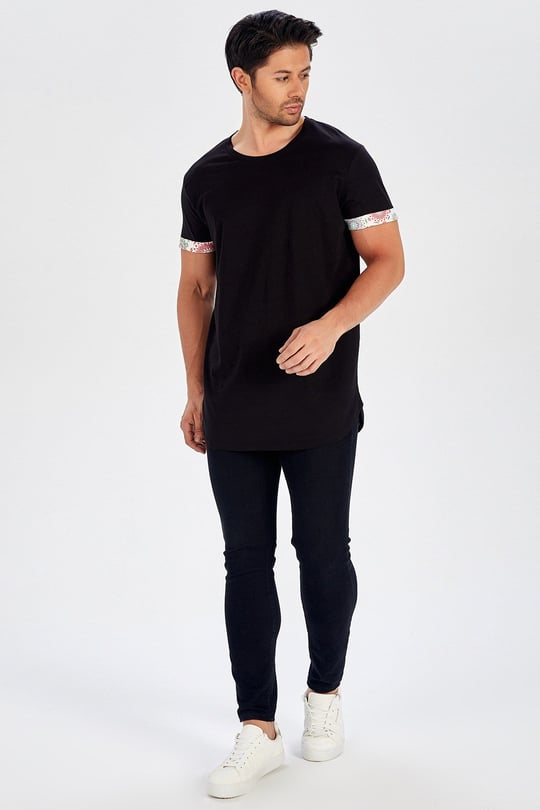Peraluna Cotton Long T-Shirt with Sleeve Tip Pattern - Black