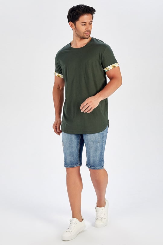 Peraluna Cotton Long T-Shirt with Sleeve Tip Pattern - Khaki