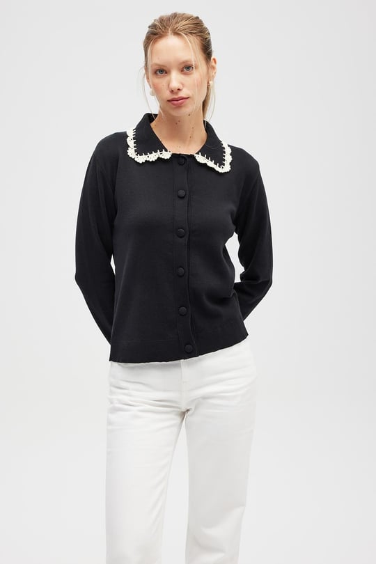 Peraluna Laila, Düz Örgü, Polo Yaka, Kadın Triko Hırka - Siyah