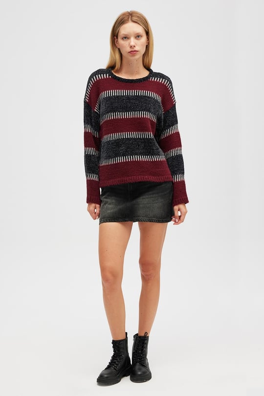 Peraluna Liliane Geniş Çizgili, Kadın Triko Tunik - Antrasit Multi