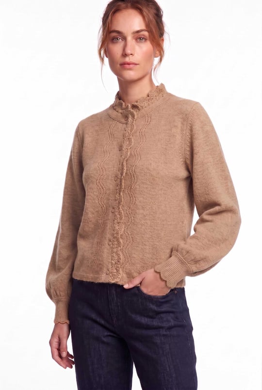 Peraluna Lucca Cardigan - Rahat Kesim Tığ İşli Kadın Triko Hırka - Camel Melanj