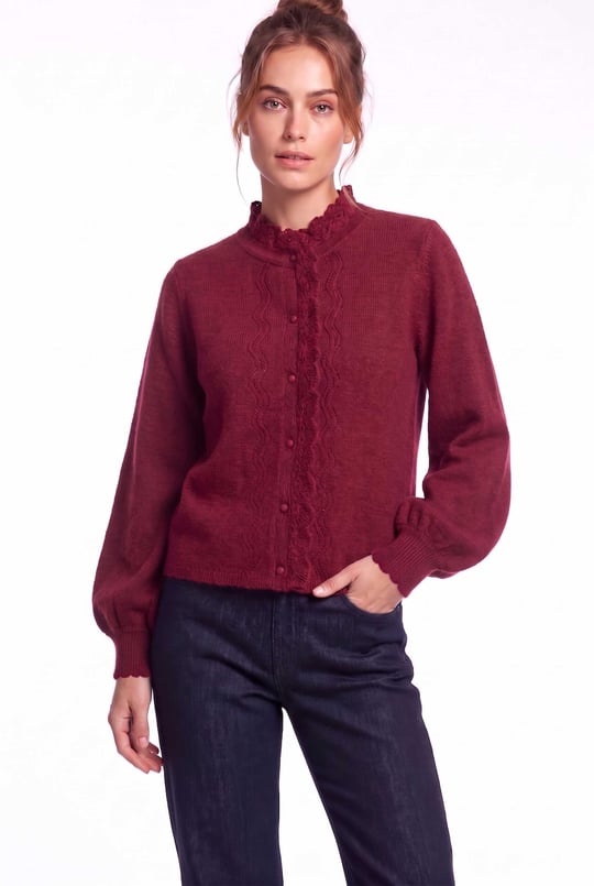 Peraluna Lucca Cardigan - Rahat Kesim Tığ İşli Kadın Triko Hırka - Bordo