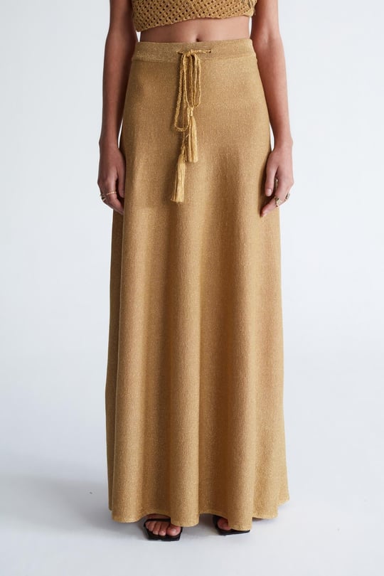 Peraluna MARILYN SKIRT Simli Maxi Boy Beli Bağcıklı Kadın Triko Etek Altın
