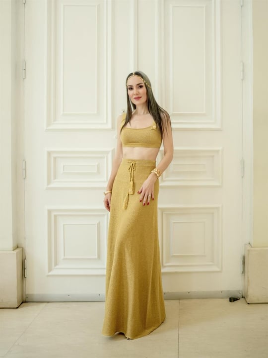 Peraluna MARILYN SKIRT Simli Maxi Boy Beli Bağcıklı Kadın Triko Etek Altın