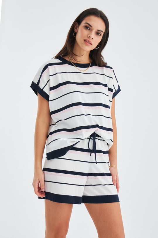 Peraluna MARINE BLOUSE & SHORTS Drop Shoulder Striped Womens Knitwear Shorts Set - Navy/Ecru