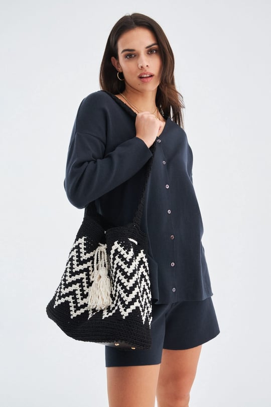 Peraluna MİA BAG %100 Pamuklu El Yapımı Kadın Triko Çanta Siyah/Ekru