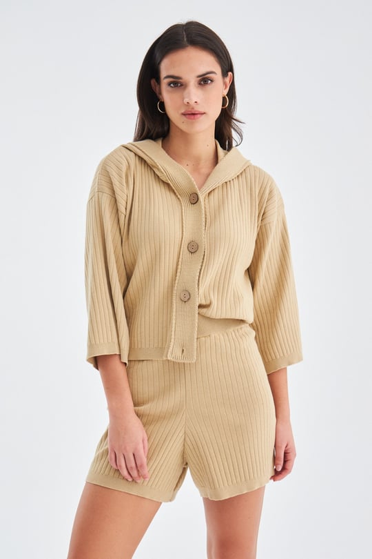 Peraluna MUJO CARDIGAN & SHORTS 3/4 Sleeve Ribbed Womens Knitwear Shorts Set - Beige