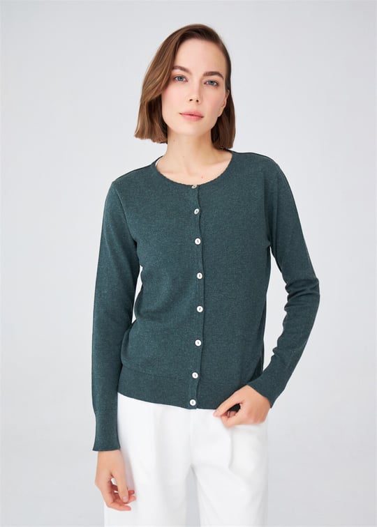 Peraluna Cotton O-Neck Basic Womens Knitwear Cardigan - Green Melange