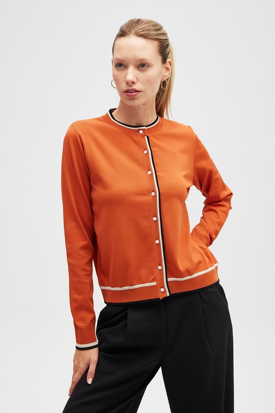 Peraluna Paris, Çizgi Detaylı Kadın Triko Hırka  - Yanık Turuncu