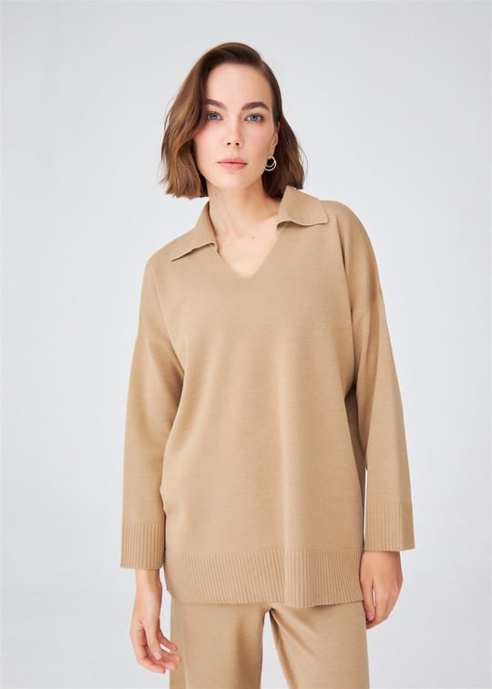 Peraluna Polo V-neck Loose Cut Womens Knitwear Sweater - Camel Melange
