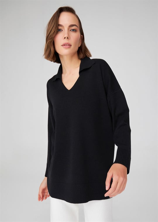 Peraluna Polo V-neck Loose Cut Womens Knitwear Sweater - Black