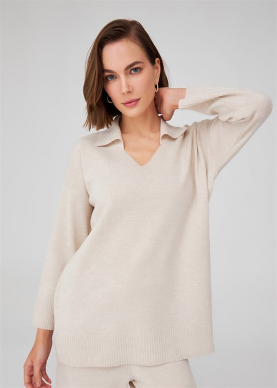 Peraluna Polo V-neck Loose Cut Womens Knitwear Sweater - Ecru Melange
