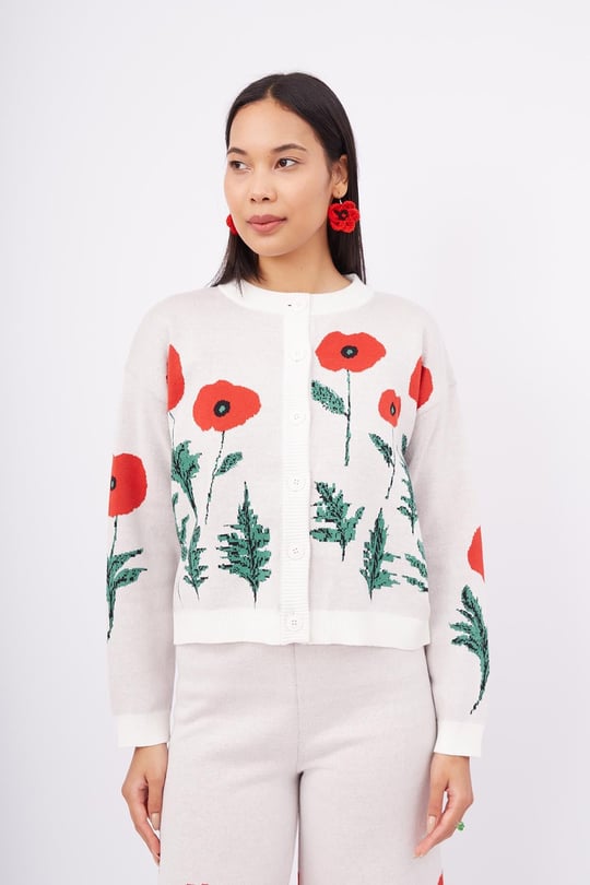 Peraluna POPPY CARDIGAN Gelincik Desen Bisiklet Yaka Rahat Kesim Kadın Triko Hırka - Ekru