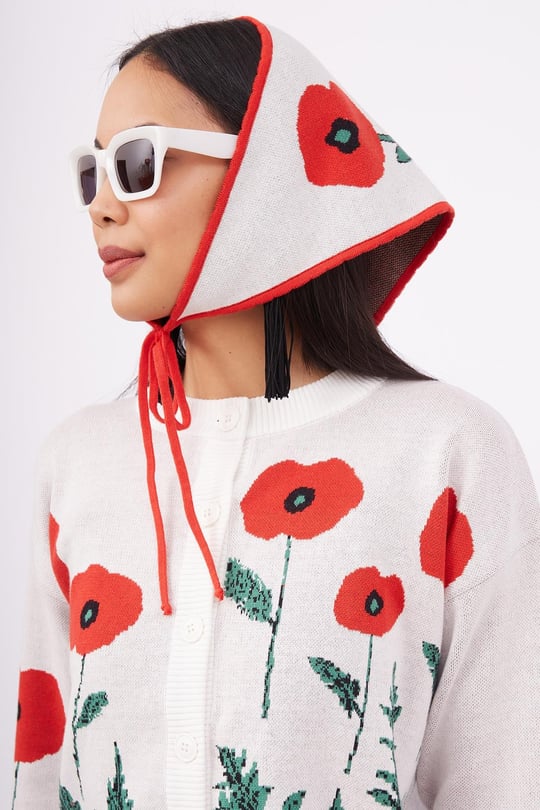Peraluna POPPY SCARFE Gelincik Desenli Bağcıklı Kadın Triko Eşarp - Ekru
