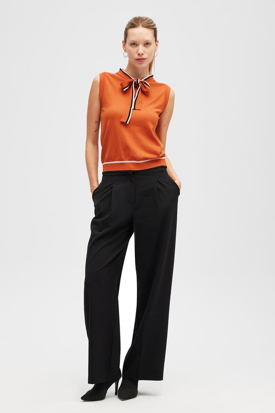 Peraluna Priscilla Çizgi Detaylı Fiyonklu Kadın Triko Bluz - Yanık Turuncu