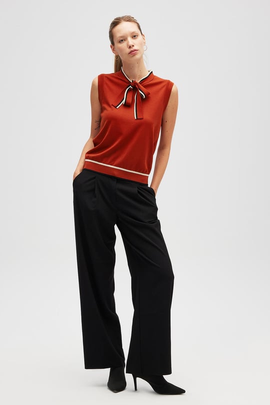 Peraluna Priscilla Çizgi Detaylı Fiyonklu Kadın Triko Bluz - Kiremit