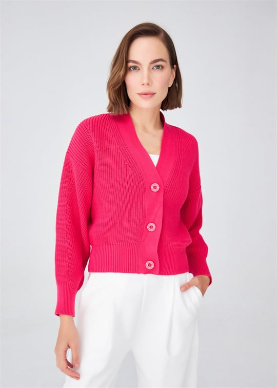 Peraluna Selanik Örgü %100 Pamuk V Yaka Kalın Hırka Azalea Pink