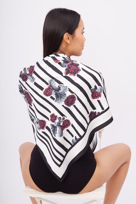 Peraluna STRIPE GARDEN SCARFE Çizgili Güllü Baskılı Saten Kadın Eşarp - Çok Renkli