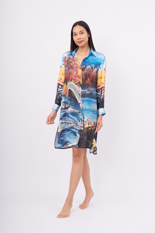 Peraluna SWEET MEMORIES LONG SHIRT DRESS Manzara Baskılı 120 CM Saten Uzun Gömlek Elbise - Çok Renkli