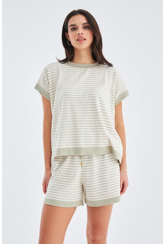 Peraluna VERA BLOUSE & SHORTS Striped Short Sleeve Womens Knitwear Shorts Set - Ecru/Green