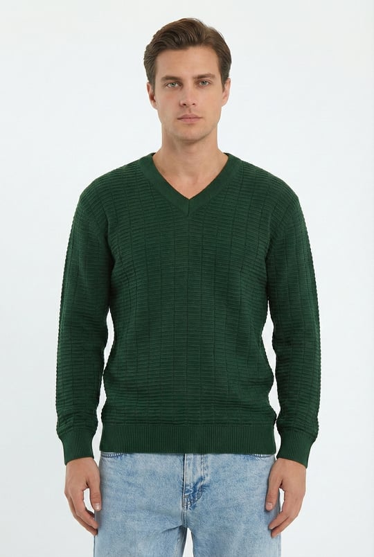 Peraluna ZACHA 'V Neck' NECK PULLOVER Three Dimensional Striped Seasonal Men's Knit Sweater - Green